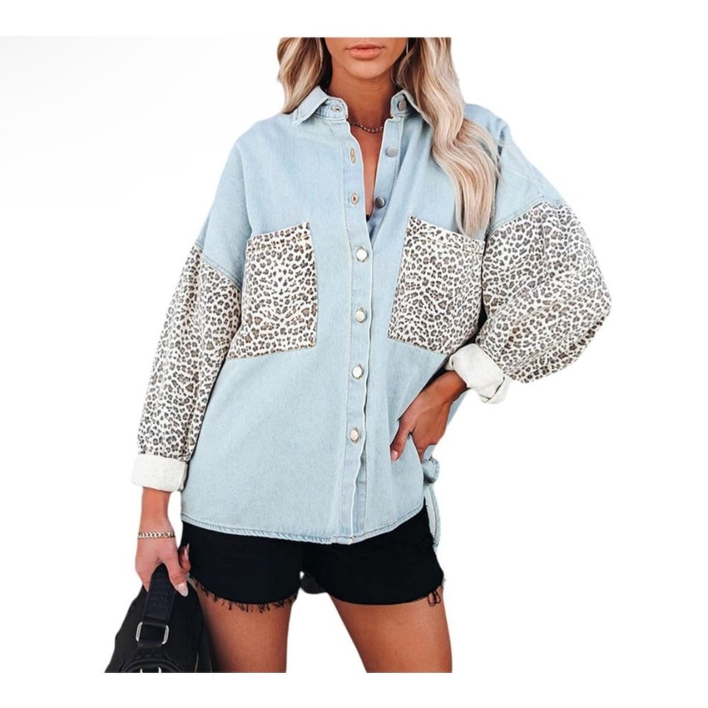 VICI Leopard Denim Oversize Shaket Button Down Pockets Jacket Shirt Cotton Sz M